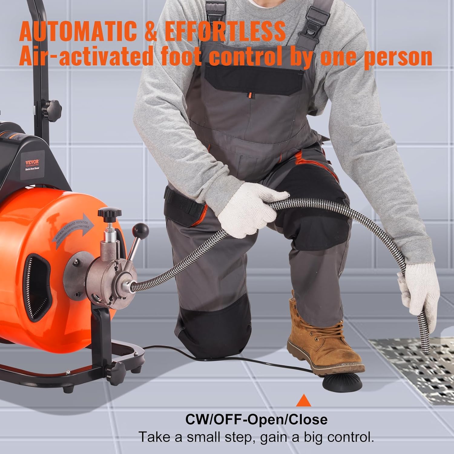 2025 Drain Cleaner Machine 100FT x 1/2Inch, Auto Feed Sewer Snake Auger with 4 Cutter & Air-activated Foot Switch for 1" to 4" Pipes, Orange, Black