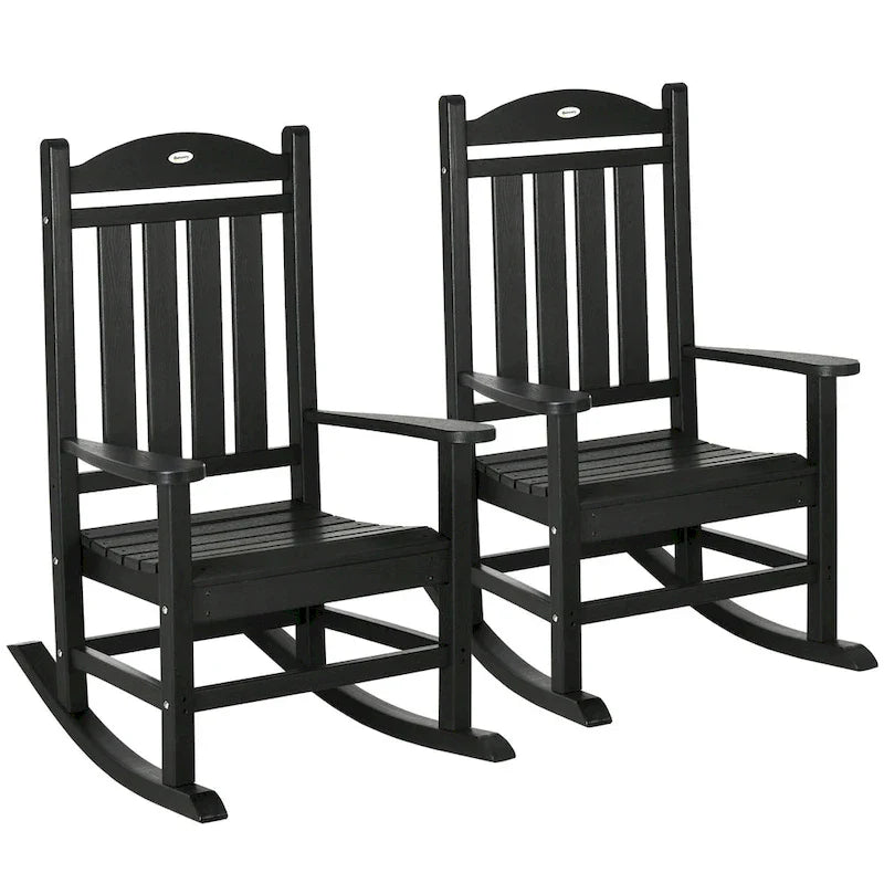 Outsunny 2 Pieces Outdoor Rocking Chair, All Weather-Resistant HDPE Rocking Patio Chairs with Rustic High Back, Armrests