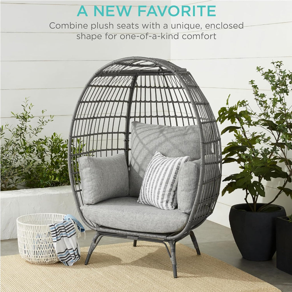 Best Choice Products Wicker Egg Chair Oversized Indoor Outdoor Lounger for Patio Backyard Living Room w/ 4 Cushions Steel Frame 440lb Capacity - Ivory