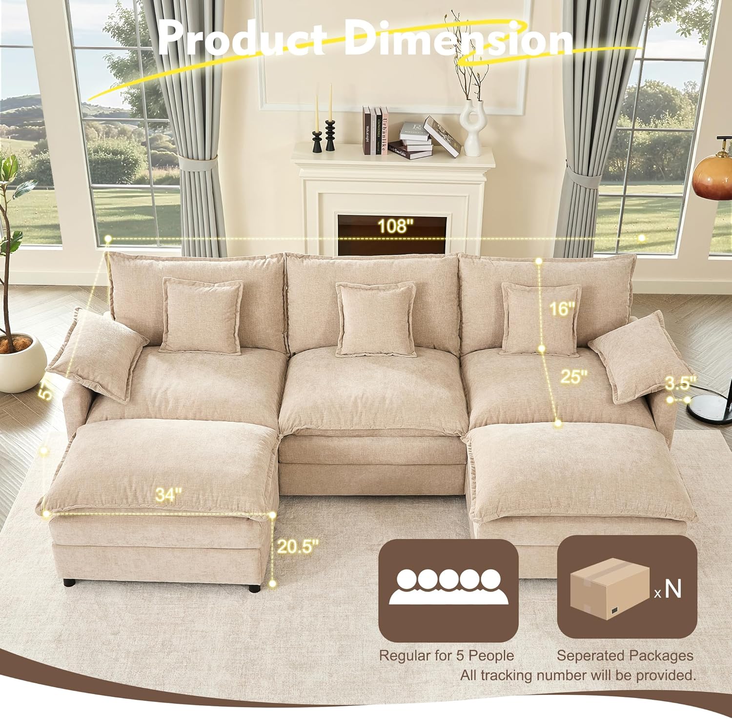 108" U Shaped Couch, Modular Sectional Sofa, 3-Seater Comfy Cloud Couch with Movable Ottoman, Deep Seat Couches for Living Room, Linen, Beige