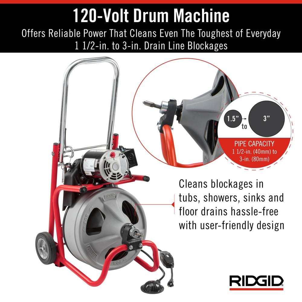 K 400 Drain Cleaning Snake Auger 120 Volt Drum Machine with C 32IW 3/8 in. x 75 ft. Cable   4 Piece Tool Set &amp; Gloves 52363
