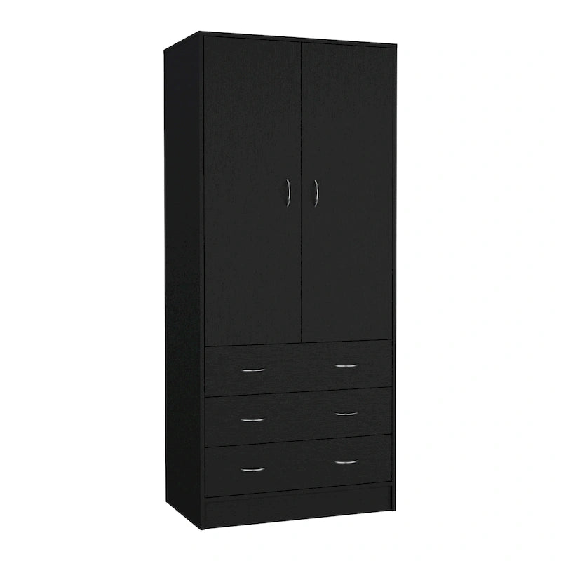 19 Modern Double-door Armoire with 3 Drawers and 1 Hanging Rod for Bedroom