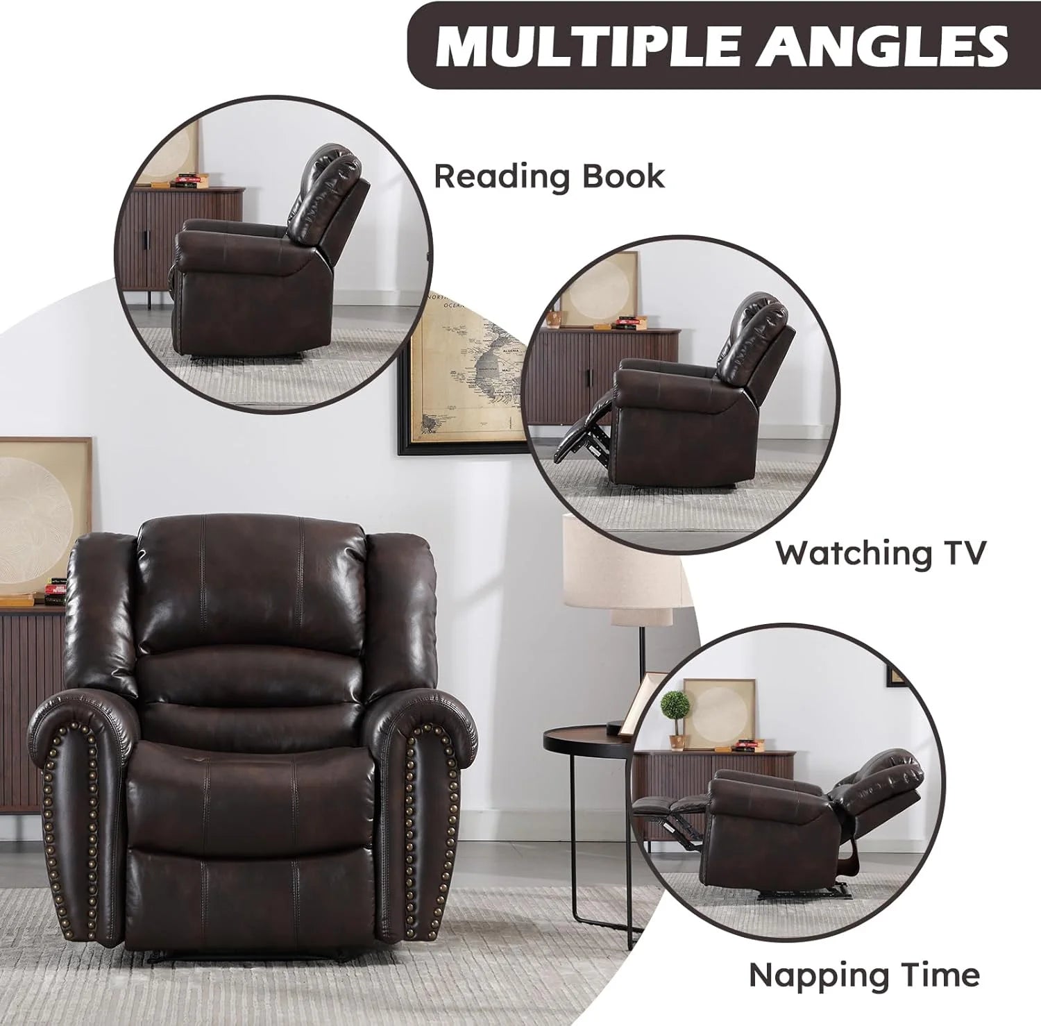 CANMOV Leather Recliner Chair, Classic and Traditional Manual Recliner Chair with Comfortable Arms and Back Single Sofa for Living Room, Nut Brown
