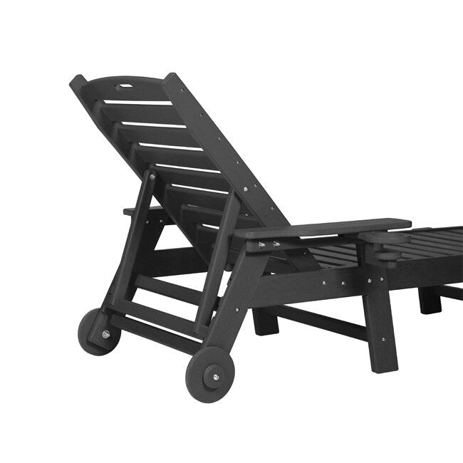 3-Piece Patio Set  2 Oversized Chaise Lounges (5-Position, Wheels, Cup Holder) + Side Table, All-Weather Wood Texture.