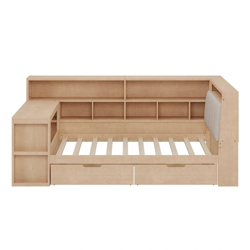 L-shaped Wooden Sofa Daybed with Desk, Bookcase Cabinet, Corner Bed with Under-bed Drawers, Upholstered Headboard Built-in Light
