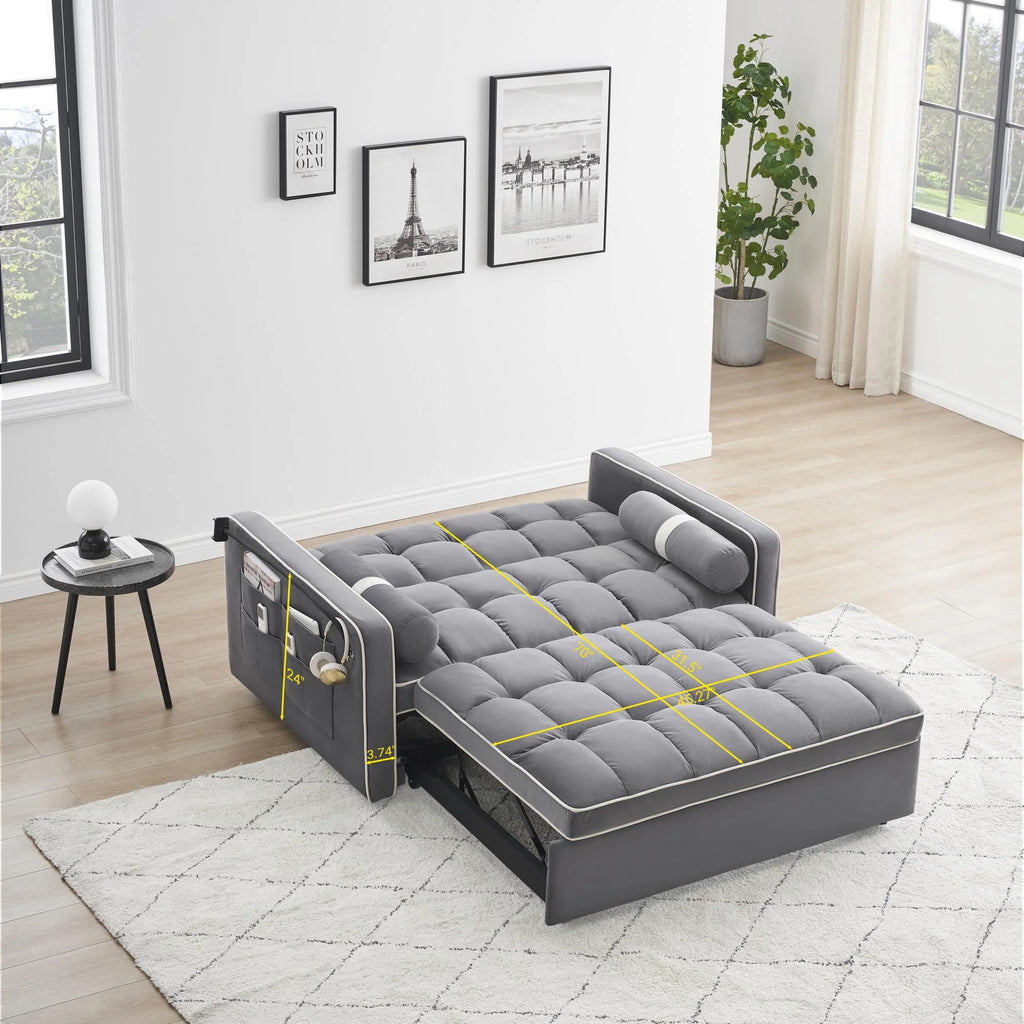 2025 3 in 1 Sleeper Sofa Couch Bed,Small Tufted Velvet Convertible Loveseat Futon Sofa w/Pullout Bed,Adjustable Backrest,Cylinder Pillows,Multi-Pockets,Phone Holder for Living Room Apartment,Grey,55.5"