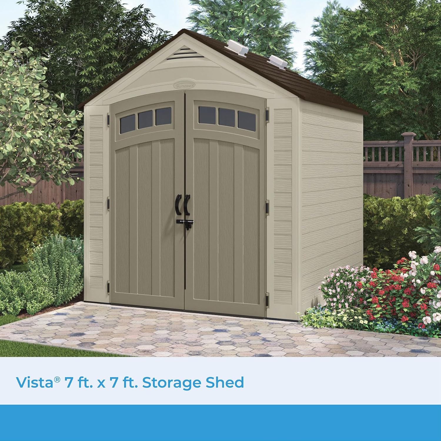 2025 Suncast Vista 7x7 Storage Shed with Multi-Wall Resin Panels, 4 Skylights, IllumiVent System, and Pad-Lockable Doors, 84" D x 84" W x 98" H, Made in The USA