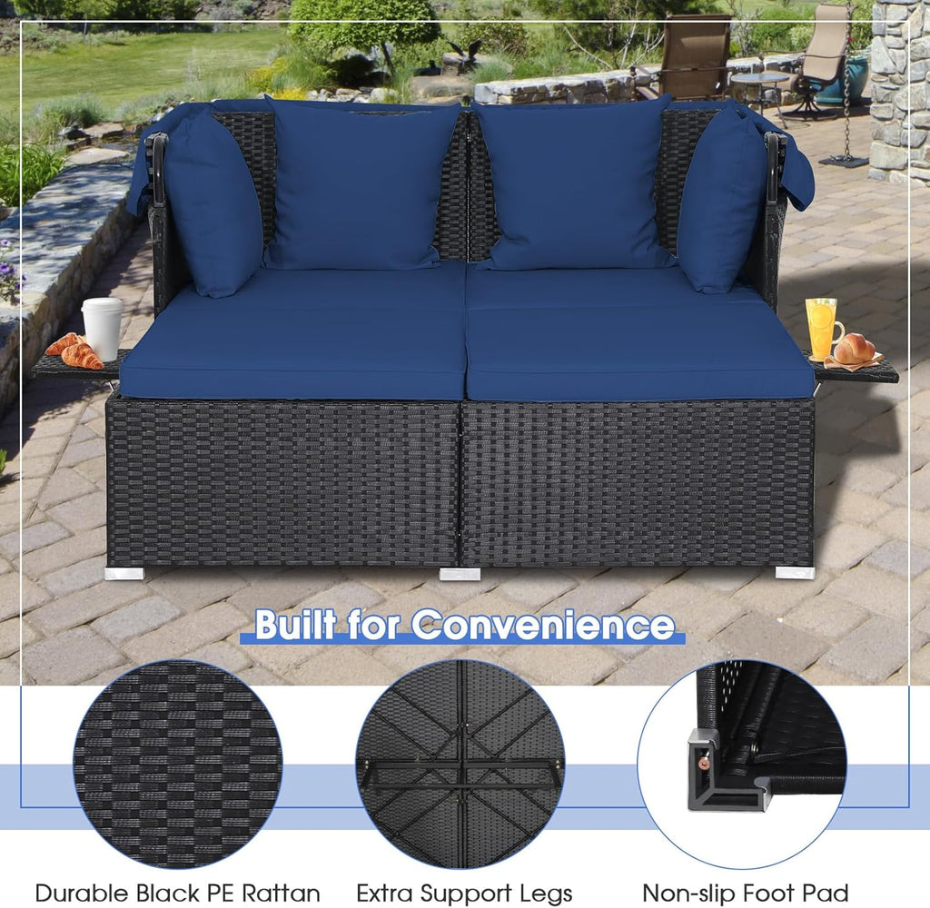 RELAX4LIFE Patio Outdoor Daybed Canopy Wicker Sunbed Cushions Lounge Bed Conversation