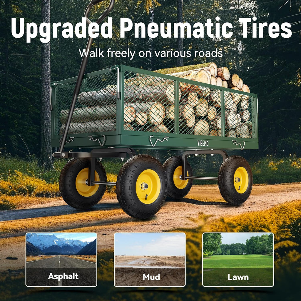 Steel Garden Cart 2-in-1 1400 lbs Heavy Duty Utility Wagon with Removable Mesh Sides to Convert into Flatbed 240?? U-Turn 13" Pneumatic Tires Garden Wagon for Farm Yard Lawn Garden Camping