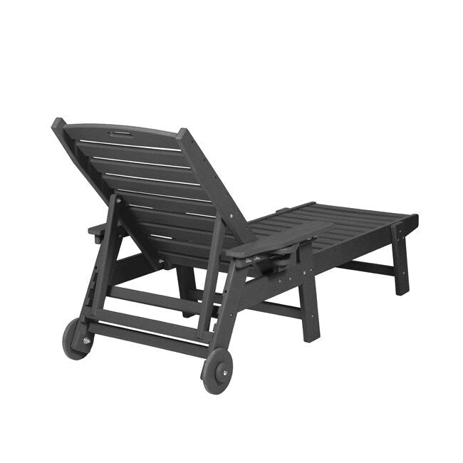 3-Piece Patio Set  2 Oversized Chaise Lounges (5-Position, Wheels, Cup Holder) + Side Table, All-Weather Wood Texture.