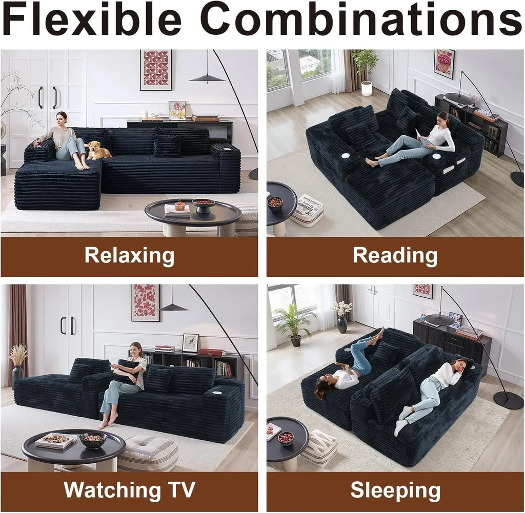 Cloud section sofa with L-shaped recliner modern modular sofa built-in cup holder