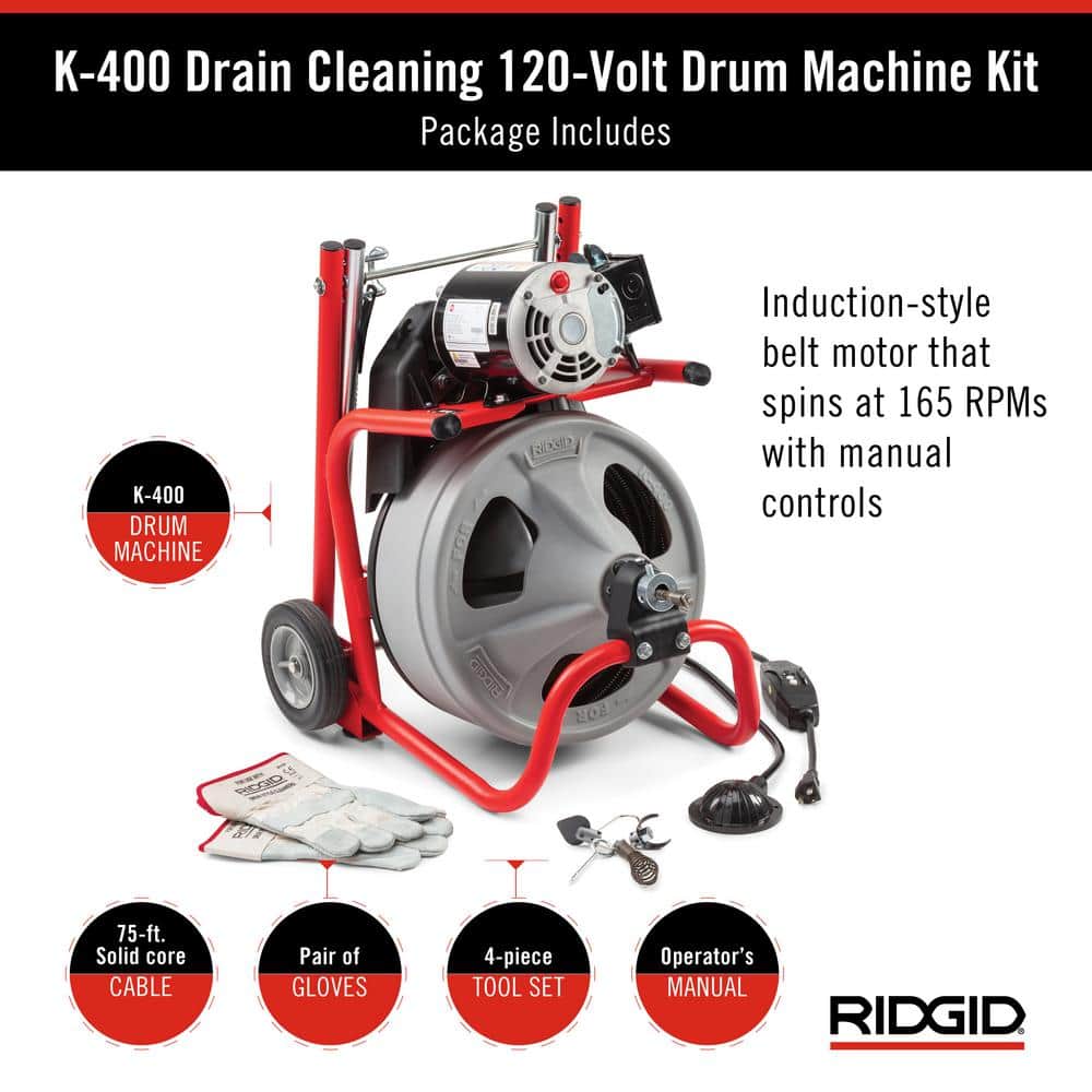 K 400 Drain Cleaning Snake Auger 120 Volt Drum Machine with C 32IW 3/8 in. x 75 ft. Cable   4 Piece Tool Set &amp; Gloves 52363