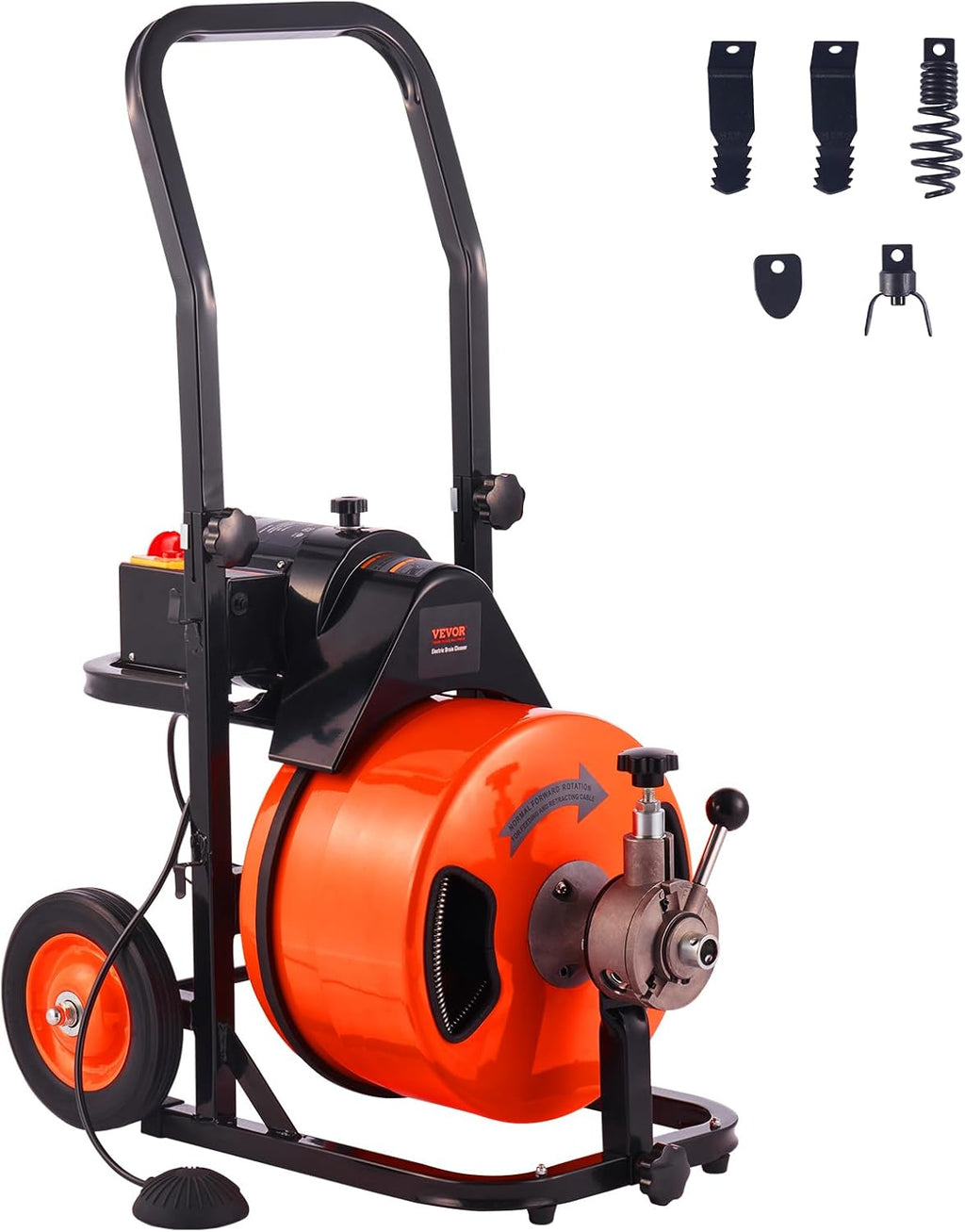 2025 Drain Cleaner Machine 100FT x 1/2Inch, Auto Feed Sewer Snake Auger with 4 Cutter & Air-activated Foot Switch for 1" to 4" Pipes, Orange, Black
