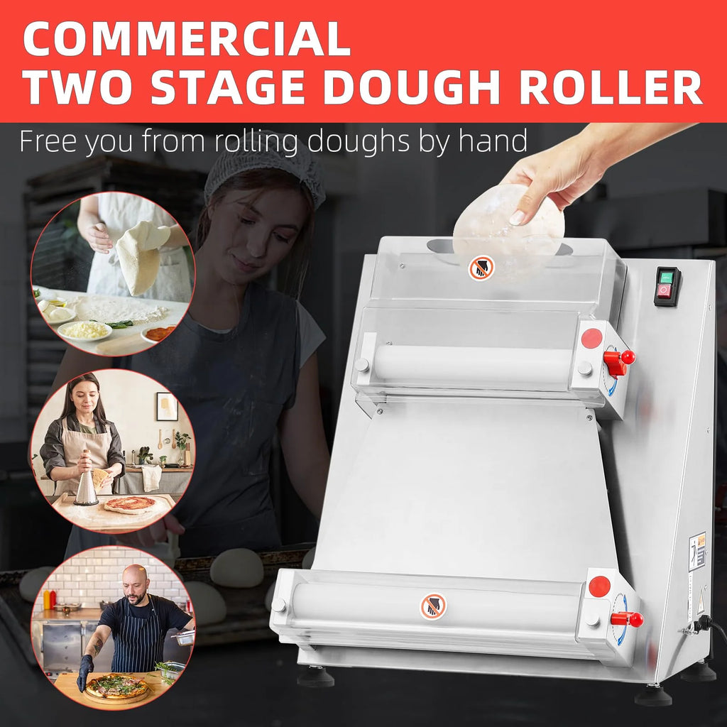 Commercial Pizza Dough Roller Sheeter, Max 16", Automatic 370W Electric Pizza Dough Roller, Stainless Steel, Suitable for Noodle, Pizza Bread and Pasta Maker Equipment