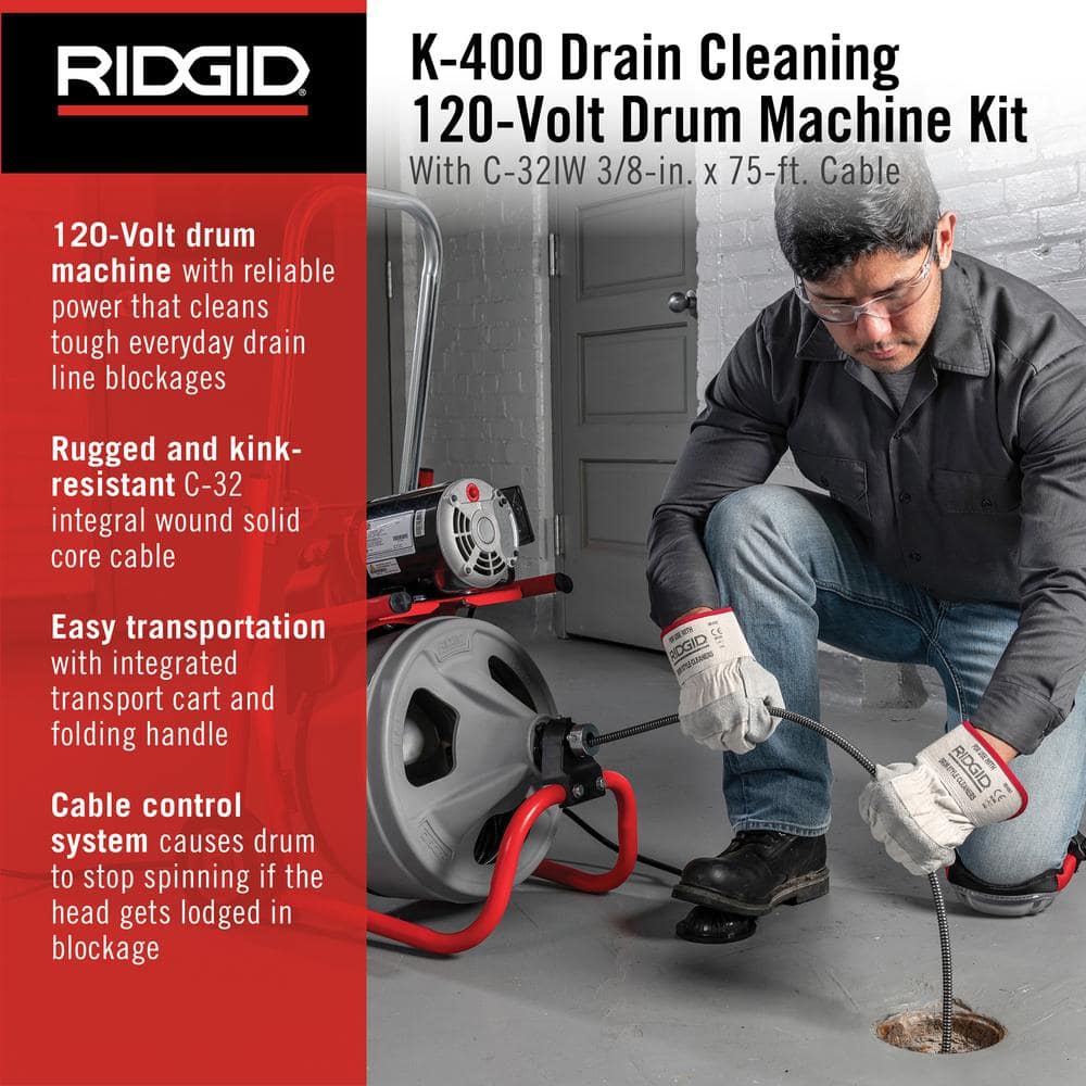 K 400 Drain Cleaning Snake Auger 120 Volt Drum Machine with C 32IW 3/8 in. x 75 ft. Cable   4 Piece Tool Set &amp; Gloves 52363