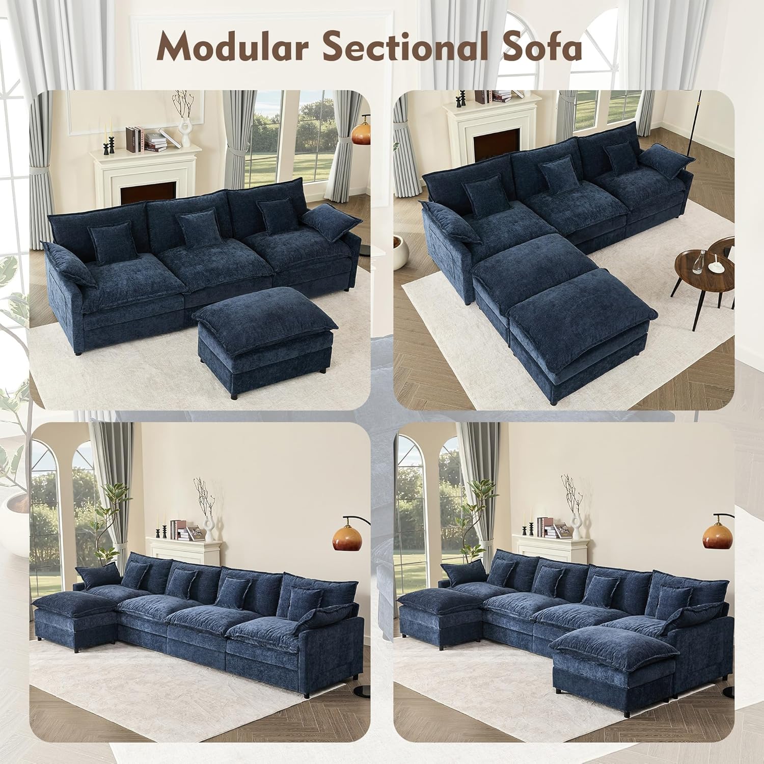 108" U Shaped Couch, Modular Sectional Sofa, 3-Seater Comfy Cloud Couch with Movable Ottoman, Deep Seat Couches for Living Room, Linen, Beige
