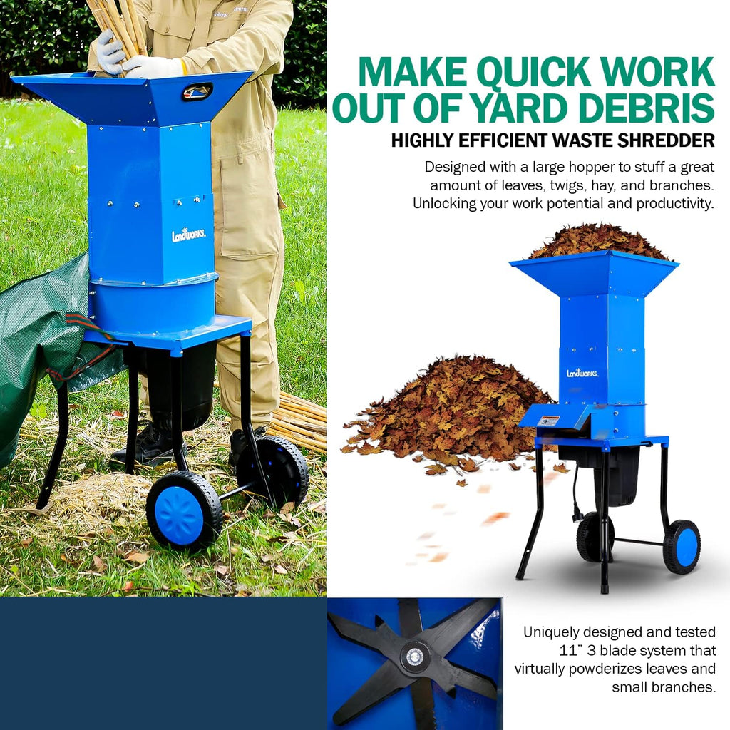 2025 Landworks Leaf Mulcher Shredder Electric Green and Waste Management Heavy Duty 120V AC 11" Inch Cutting Blade .5" Inch Cutting Capacity for Leaves, Grass, & Clippings
