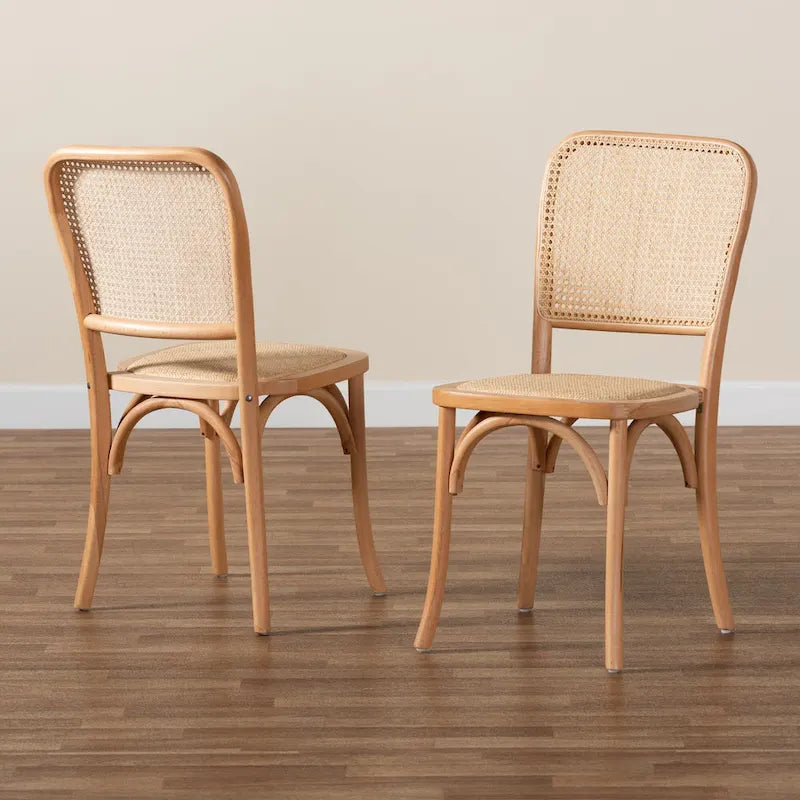 Neah Mid-Century Modern 2-Piece Woven Rattan and Wood Dining Chair Set