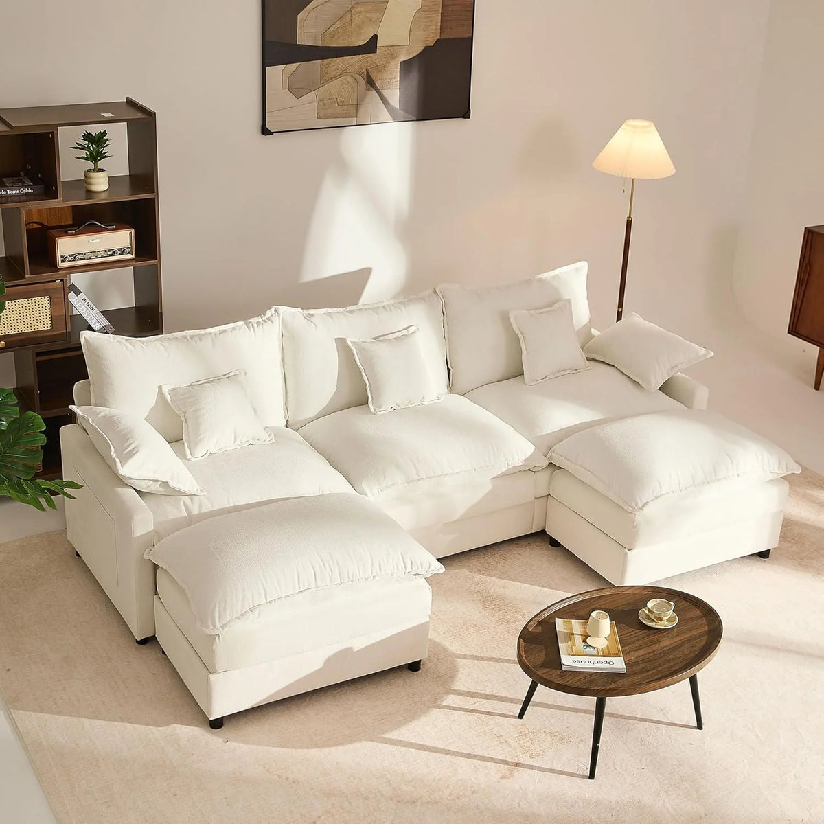 108" U Shaped Couch, Modular Sectional Sofa, 3-Seater Comfy Cloud Couch with Movable Ottoman, Deep Seat Couches for Living Room, Linen, Beige