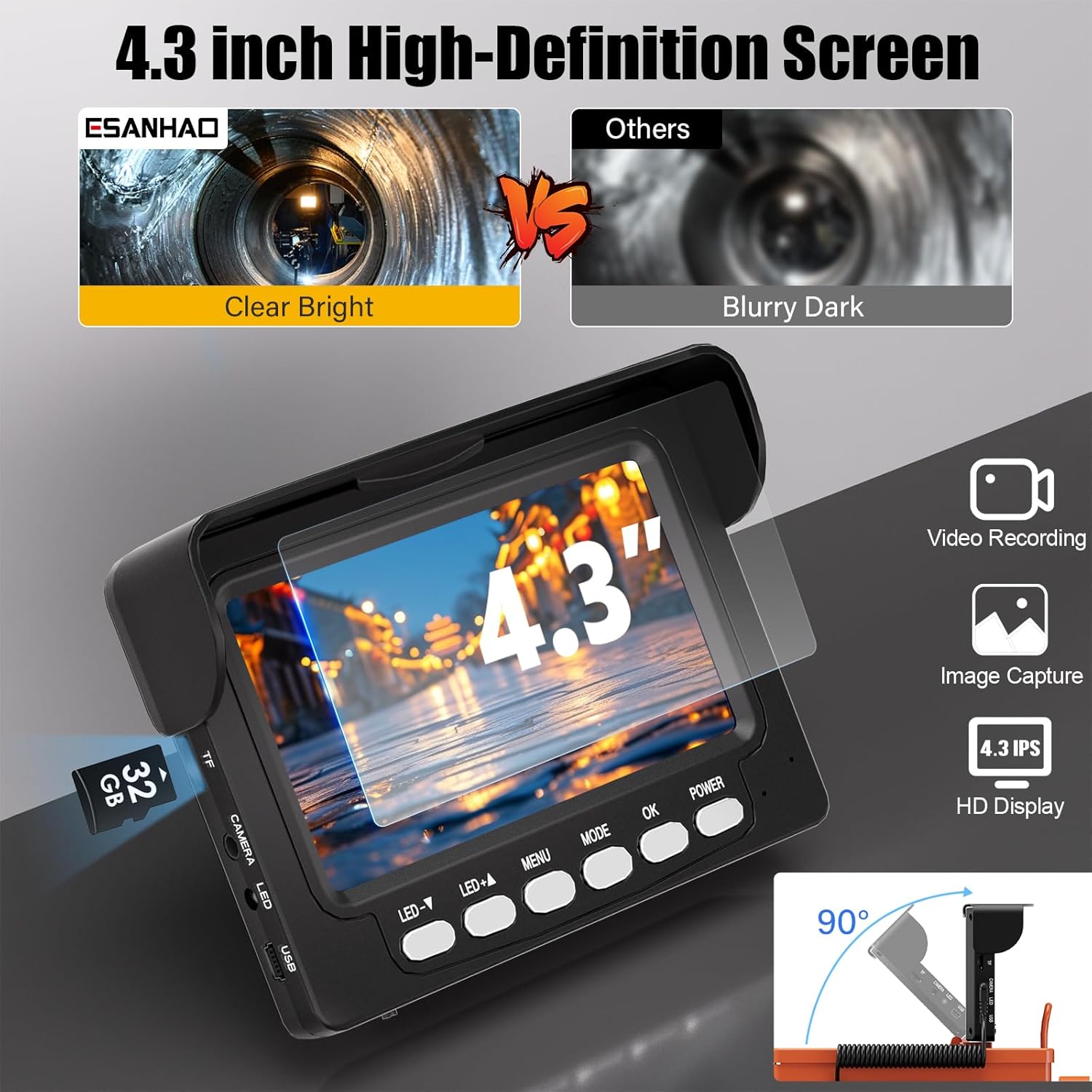 Sewer Inspection Camera, 100FT, DVR, Audio, 4.3" Screen