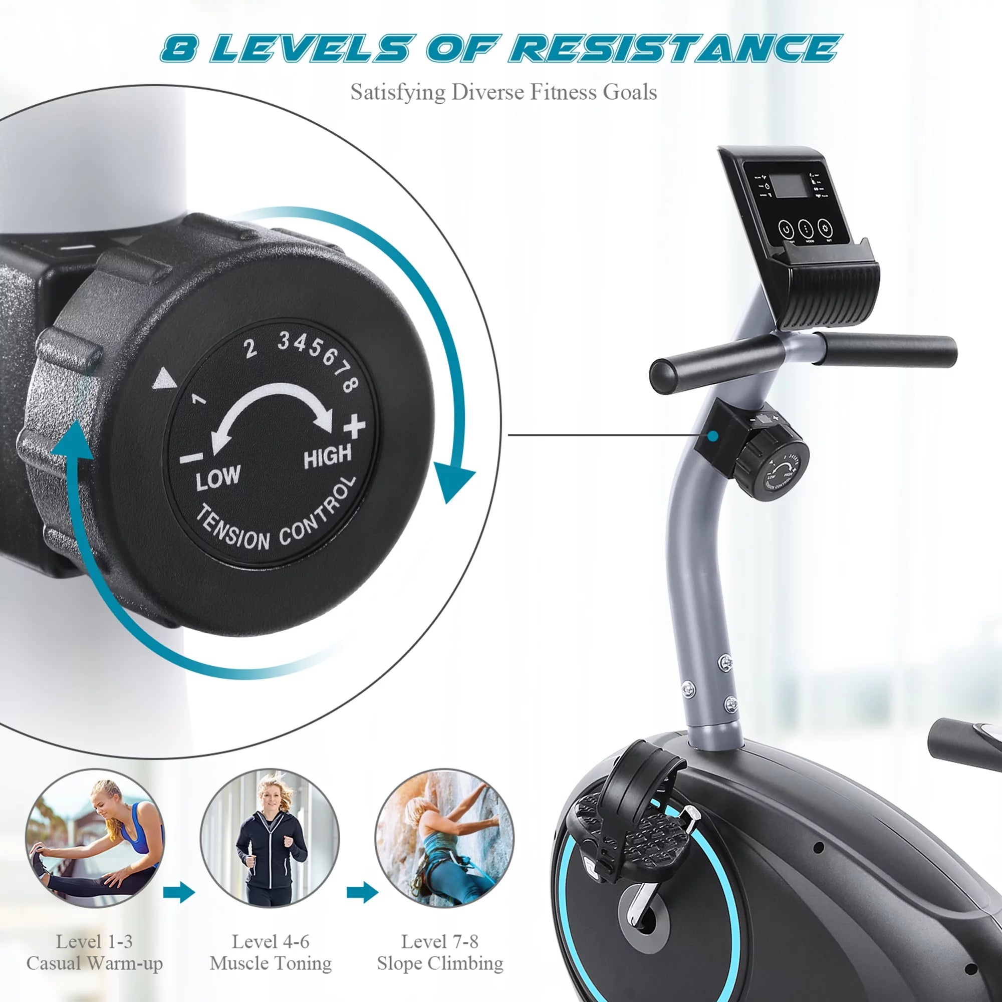 2025 Recumbent Exercise Bike with 8 Levels Adjustable Resistance, LCD Monitor, Pad Holder, Wheels