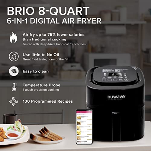 Nuwave Brio 8 Qt Air Fryer, Powerful 1800W, Easy to Read Cool White Display, 50° 400°F Temp Controls, 100 Pre Programmed Presets &amp; 50 Memory Slots, Integrated Smart Thermometer, Linear T Technology