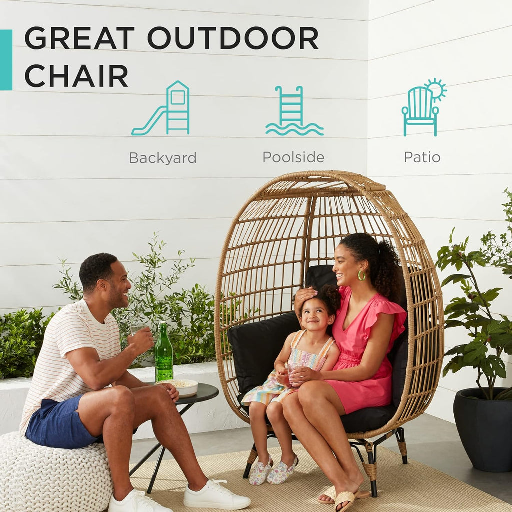Best Choice Products Wicker Egg Chair Oversized Indoor Outdoor Lounger for Patio Backyard Living Room w/ 4 Cushions Steel Frame 440lb Capacity - Ivory