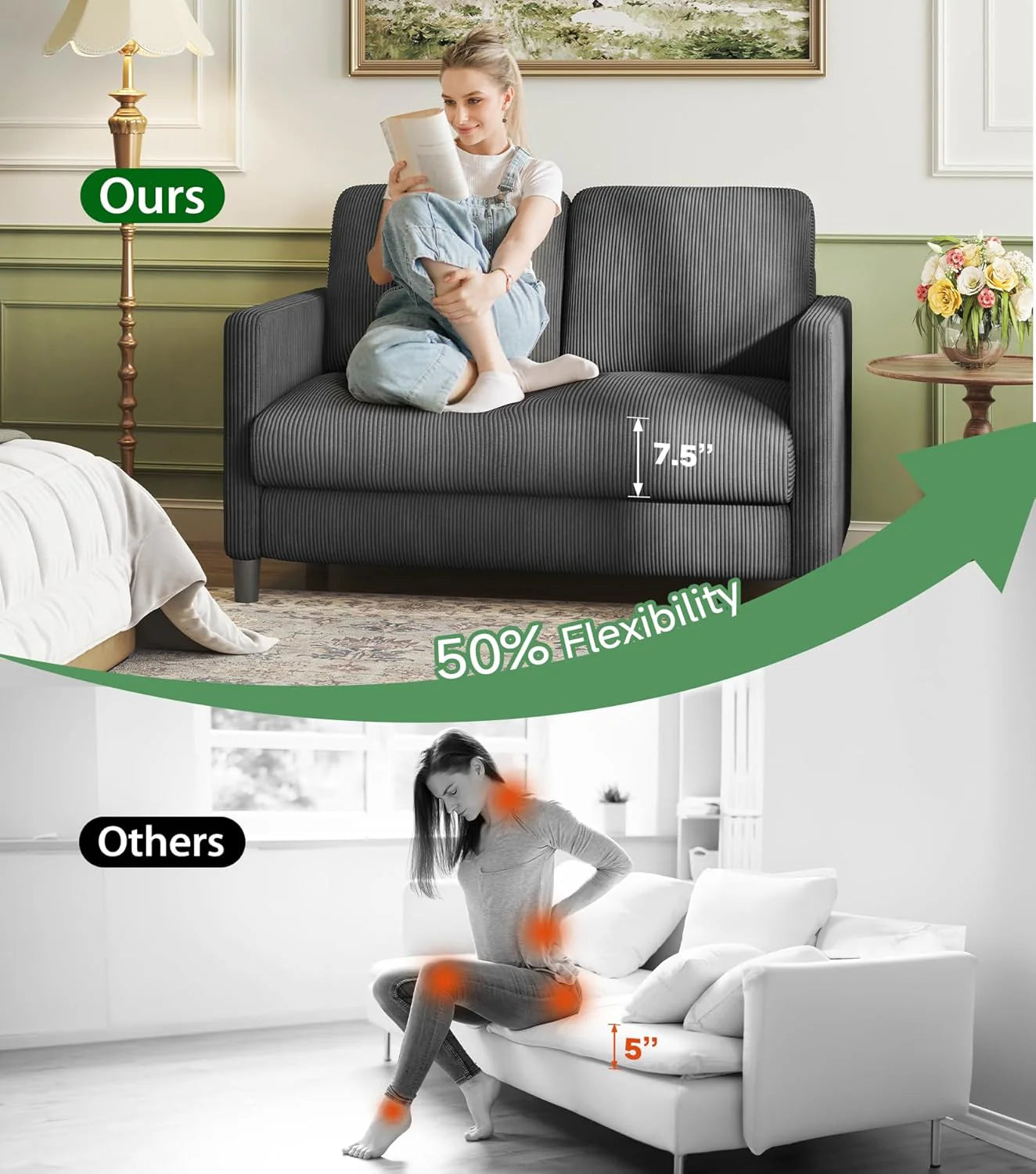 Loveseat Sofa 51" Love Seat Comfy Corduroy Small Loveseat Small Spaces Tool-Free Setup Couch