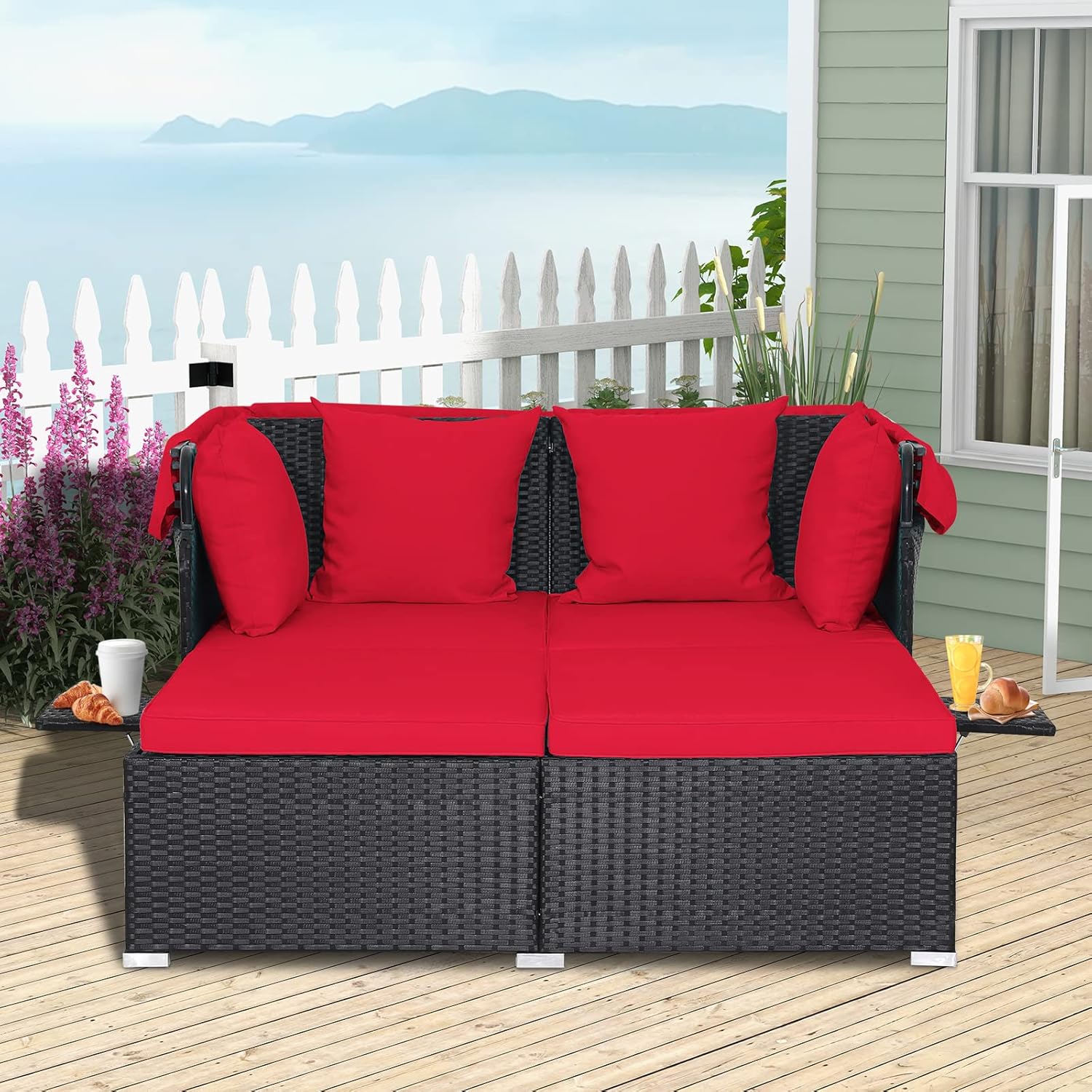 RELAX4LIFE Patio Outdoor Daybed Canopy Wicker Sunbed Cushions Lounge Bed Conversation
