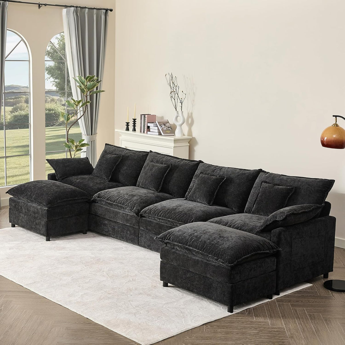 108" U Shaped Couch, Modular Sectional Sofa, 3-Seater Comfy Cloud Couch with Movable Ottoman, Deep Seat Couches for Living Room, Linen, Beige
