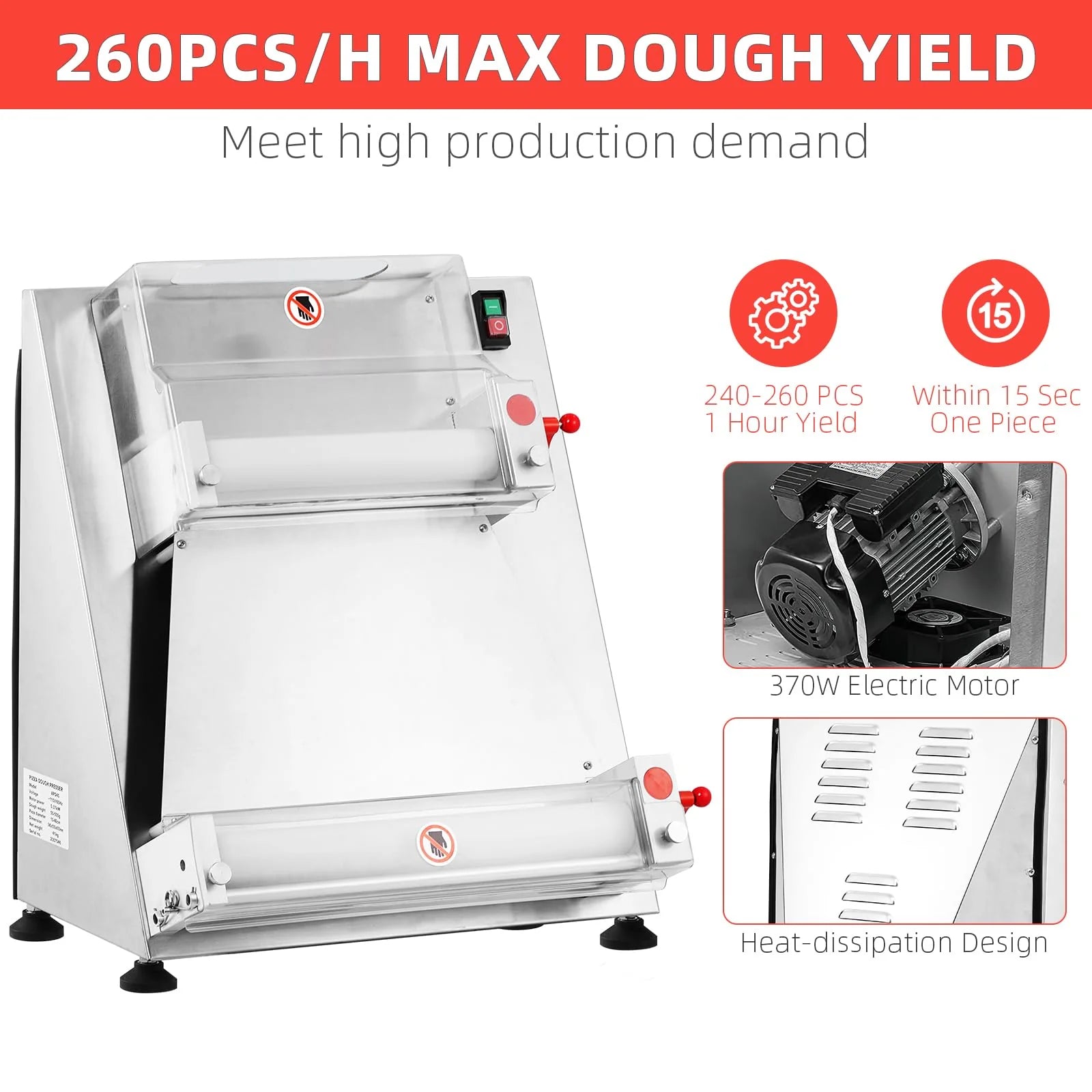 Commercial Pizza Dough Roller Sheeter, Max 16", Automatic 370W Electric Pizza Dough Roller, Stainless Steel, Suitable for Noodle, Pizza Bread and Pasta Maker Equipment
