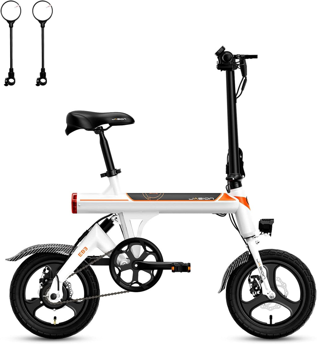 Jasion EB3 Electric Bike Adults 21mph, 500W Peak Motor, 270Wh Battery, Rear Suspension, 3 Levels Assist, 14&prime;&prime; Folding Ebike for Adults and Teens, Complies to UL2849