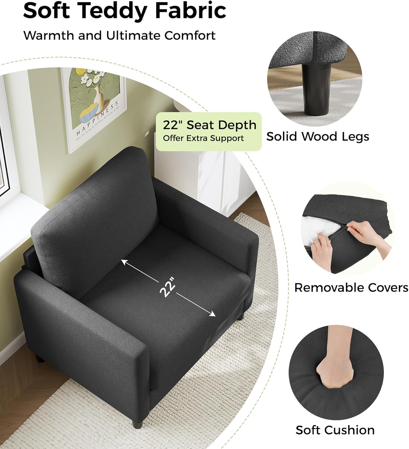 Loveseat Sofa 51" Love Seat Comfy Corduroy Small Loveseat Small Spaces Tool-Free Setup Couch