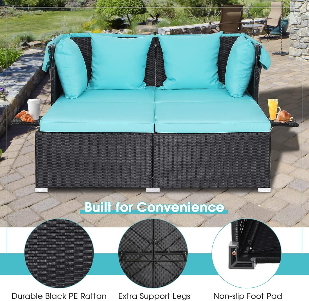 RELAX4LIFE Patio Outdoor Daybed Canopy Wicker Sunbed Cushions Lounge Bed Conversation