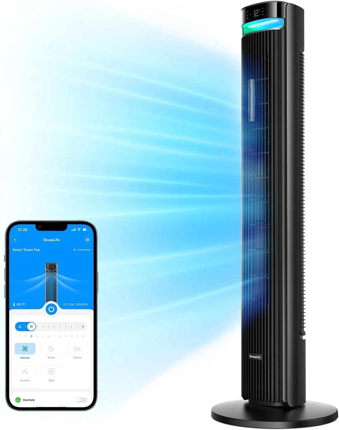 GoveeLife 42'' Tower Fan for Bedroom, Smart Floor Fans with 150掳 Adjustable Oscillating, APP & Voice Control, 5 Modes 12 Speeds up to 26ft/s, 24H Timer, 27dB Quiet Fan for Cooling Home Office Silver