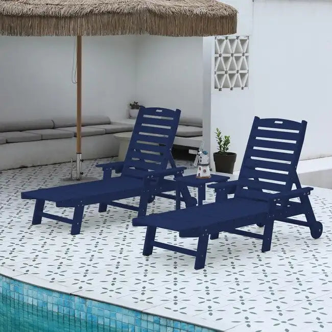 3-Piece Patio Set  2 Oversized Chaise Lounges (5-Position, Wheels, Cup Holder) + Side Table, All-Weather Wood Texture.