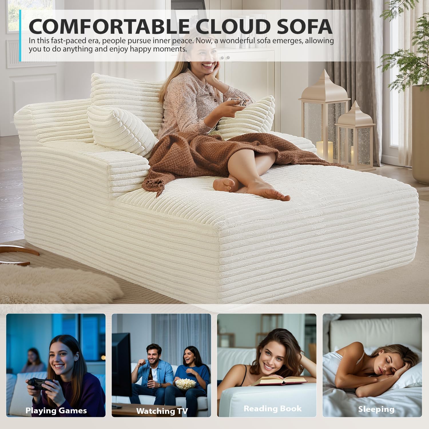 50 Inch Chaise Lounge Chair Indoor, Oversized Corduroy Upholstered Boneless Sofa Bed, Deep Seat Sleeper Couch Reading Chairs, Cloud Sofas Couches for Living Room, No Assembly Required (Dark Grey)