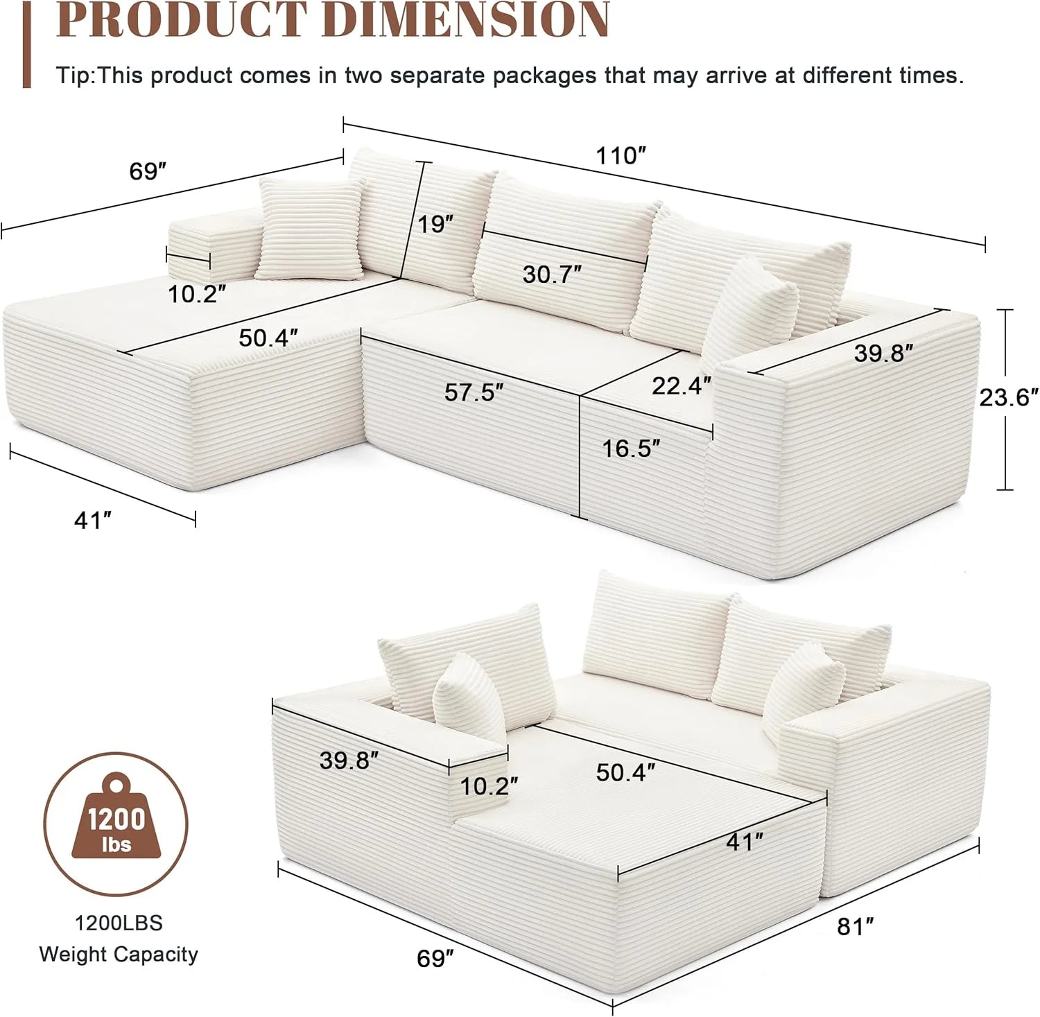 110 Cloud Sectional Couch, Boneless Sofa for Living Room Modular Sectional Sofa with Deep Seat