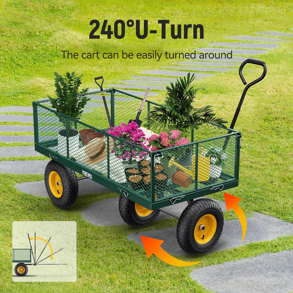 Steel Garden Cart 2-in-1 1400 lbs Heavy Duty Utility Wagon with Removable Mesh Sides to Convert into Flatbed 240?? U-Turn 13" Pneumatic Tires Garden Wagon for Farm Yard Lawn Garden Camping