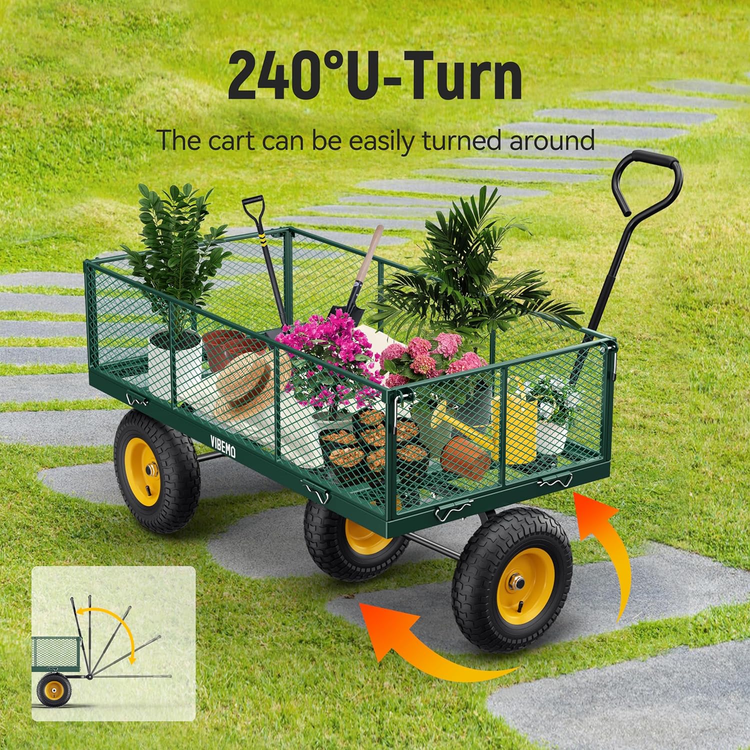 Steel Garden Cart 2-in-1 1400 lbs Heavy Duty Utility Wagon with Removable Mesh Sides to Convert into Flatbed 240?? U-Turn 13" Pneumatic Tires Garden Wagon for Farm Yard Lawn Garden Camping