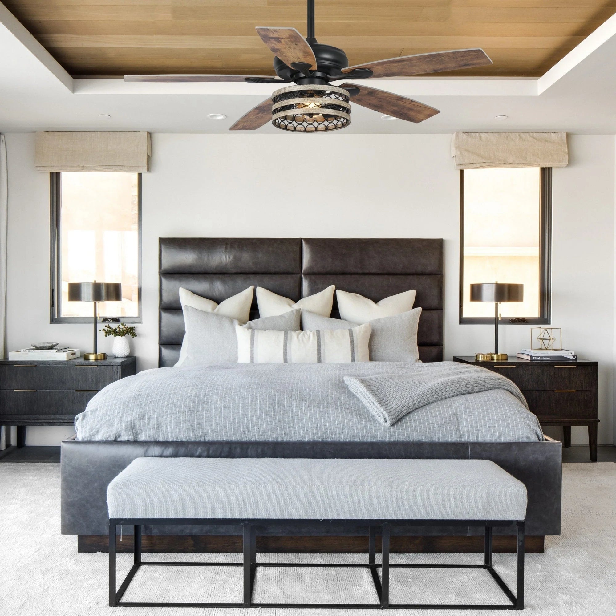 52 Farmhouse Driftwood 5-Blade Black Caged Ceiling Fan with Remote