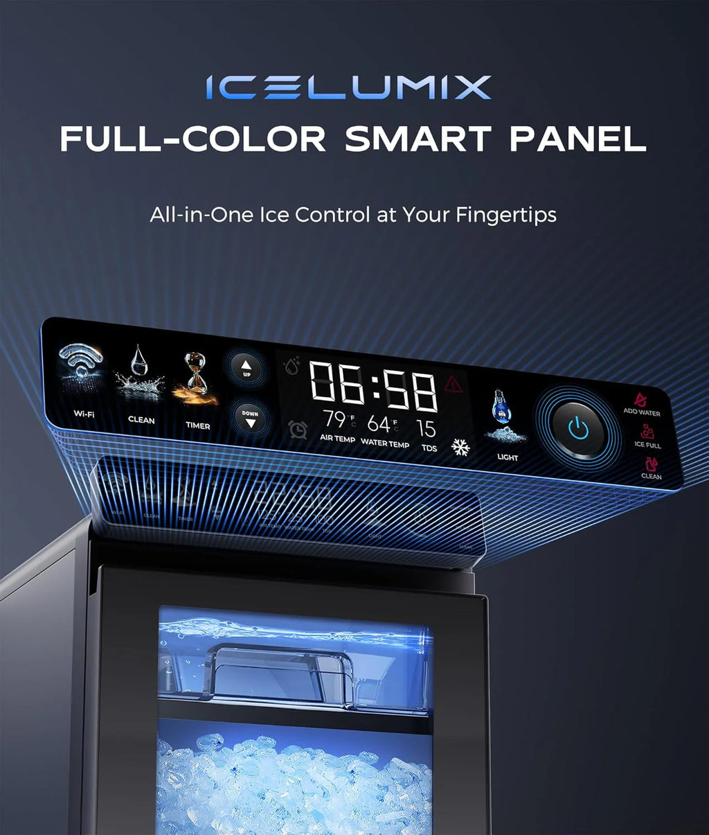 Nugget Ice Maker Countertop, Smart Pebble Ice Machine with APP Control, 44 lbs/24H Soft Pellet Chewable Ice with Self-Cleaning, Stainless Steel.