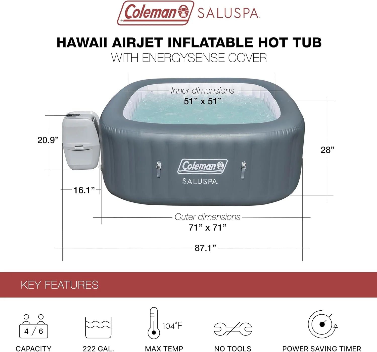 Coleman SaluSpa Atlantis AirJet 4 to 6 Person Inflatable Hot Tub Square Portable Outdoor Spa with 140 Soothing Jets with Cover, Blue