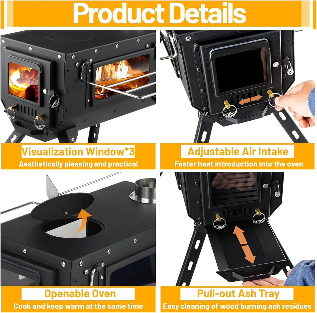 Hot Tent Stove Wood Stove, Small Wood Stove for Outdoor Heating and Cooking, Ice Fishing, Hunting