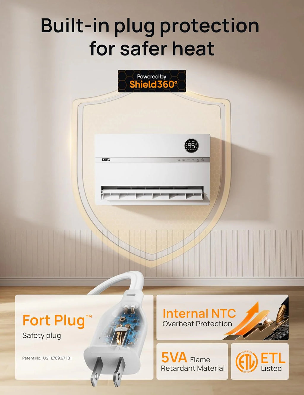 Dreo Smart Wall Heater, Electric Space Heater for Bedroom 1500W, 120° Vertical Oscillation, Adjustable Thermostat, Remote Control, 24H Timer, Easy-Mount Heater for Indoor Use, Works with Alexa, WH719S