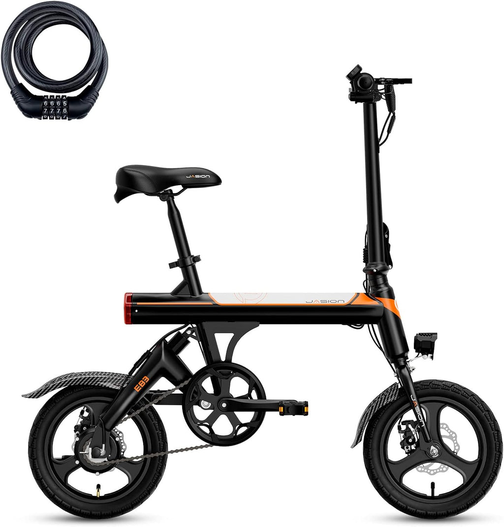 Jasion EB3 Electric Bike Adults 21mph, 500W Peak Motor, 270Wh Battery, Rear Suspension, 3 Levels Assist, 14&prime;&prime; Folding Ebike for Adults and Teens, Complies to UL2849