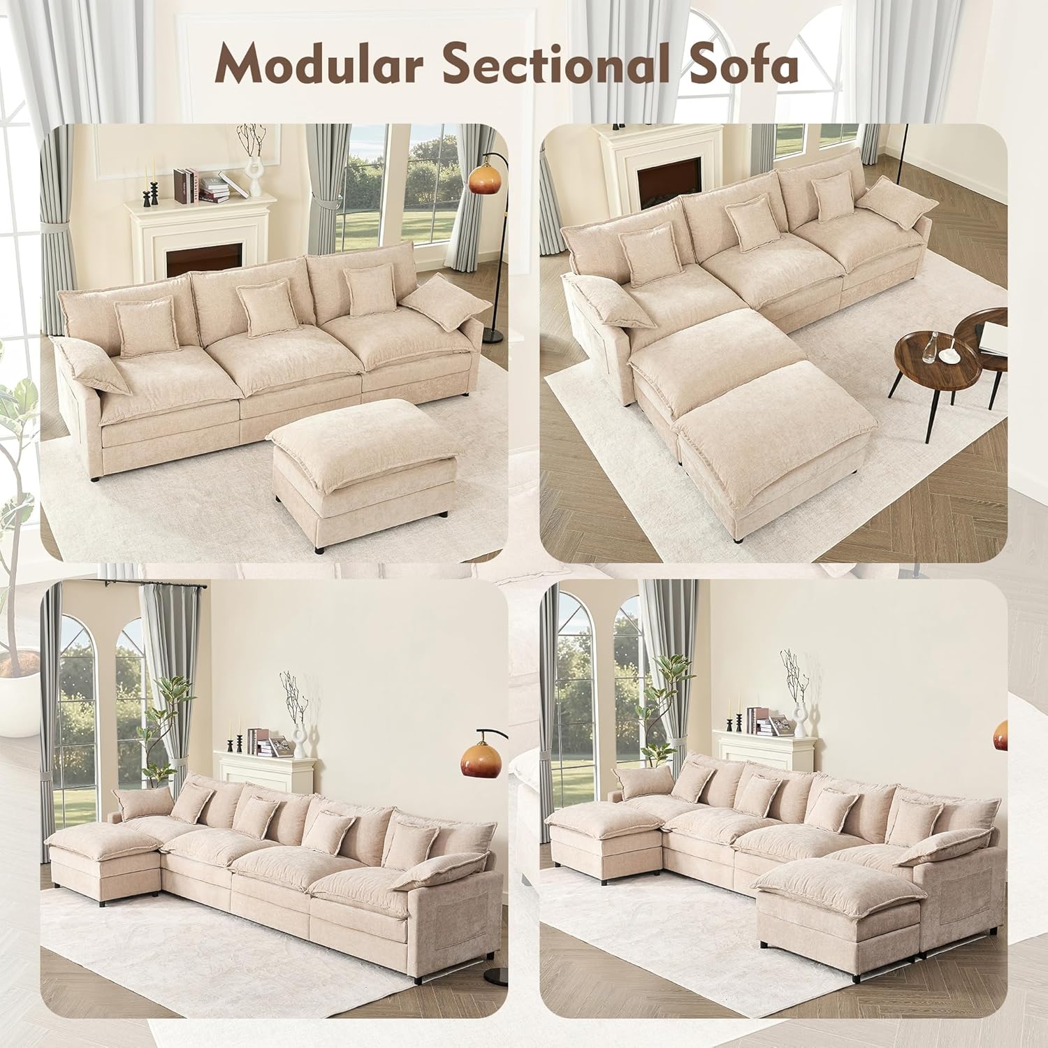 108" U Shaped Couch, Modular Sectional Sofa, 3-Seater Comfy Cloud Couch with Movable Ottoman, Deep Seat Couches for Living Room, Linen, Beige