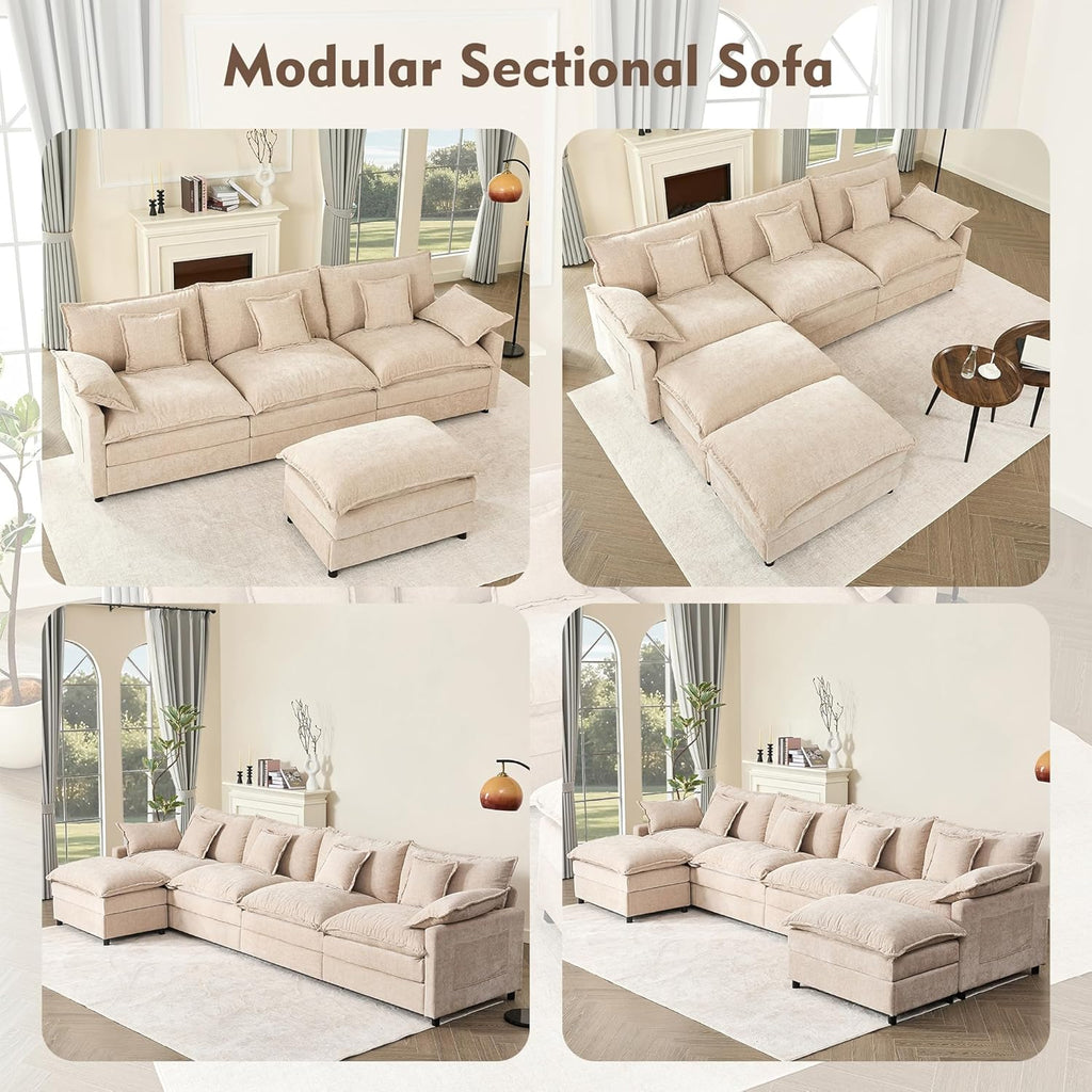 108" U Shaped Couch, Modular Sectional Sofa, 3-Seater Comfy Cloud Couch with Movable Ottoman, Deep Seat Couches for Living Room, Linen, Beige