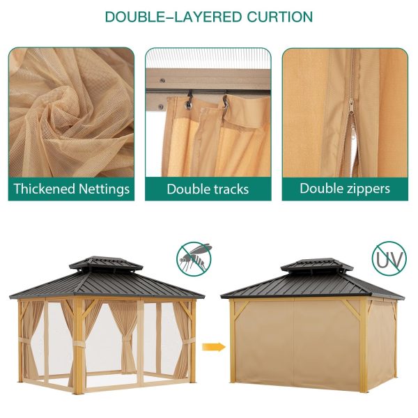 2025 10X13 FT Outdoor Galvanised Steel Hardtop Gazebo, Heavy Duty Double Roof Outdoor Gazebo with Netting and Sunshade Curtains, Aluminium Framed Gazebo for Patio, Terrace, Lawn and Deck, Khaki