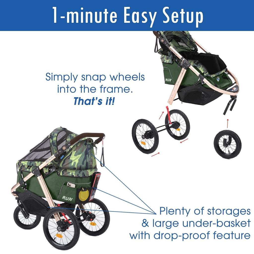 Jogging Sports Stroller with Comfort Rubber Wheels/Zipper-Less Entry/1-Hand Quick Fold/Aluminum Frame for Small/Medium Dogs Cats and Pets (Green Camo)